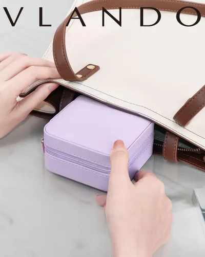 Vista 5 de Vlando Pequeño organizador de joyero de viaje Anillo de regalo para mujer, aretes, collares, vitrina de almacenamiento para niñas, color morado