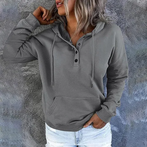 Vista 118 de Sudaderas con capucha para mujer, con cuello de botón, sin botones, con cordón, manga larga, lindas, ropa para adolescentes y niñas