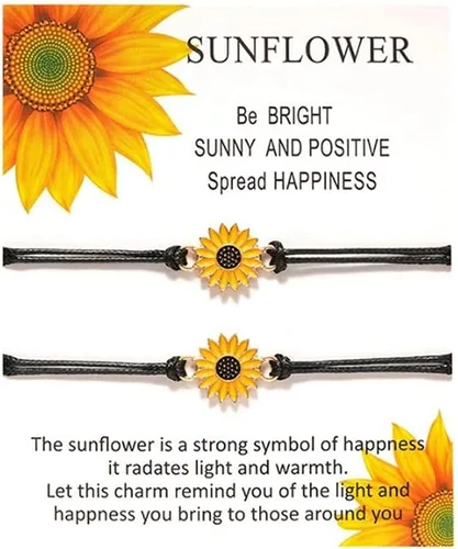 Vista 5 de Juego de 2 pulseras de girasol con diseño de girasol, estilo bohemio, para parejas, mejores amigas, mujeres, niñas, cuerda negra y tarjeta blanca