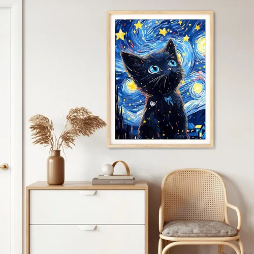 Vista 3 de Kits de Arte de Diamantes de Gato de SANYUN para Adultos, Kits de Pintura de Diamantes de Noche Estrellada, Pinturas de Animales con Diamantes