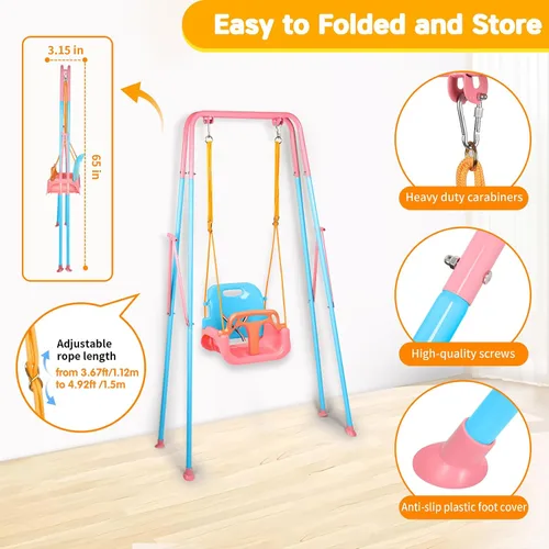 Vista 4 de Juego de columpios 3 en 1 para niños pequeños, columpio plegable con soporte, para interiores y exteriores, columpios multifuncionales para patio