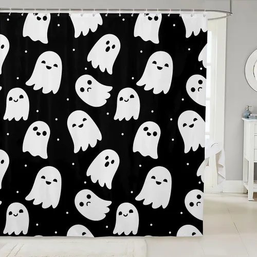 Vista 16 de Happy Halloween Shower Curtain,Bowknot Snowflake Pattern Bathroom Curtains,Sweet Ghost Holiday Theme Waterproof Bath Curtain,Black Bathroom Curtains