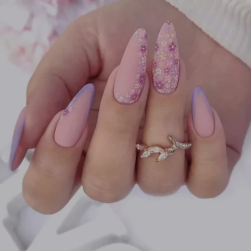 Vista 13 de Uñas postizas cortas ovaladas a presión de almendra, 24 unidades, cobertura completa, reutilizables, con pegamento, uñas adhesivas con diseños