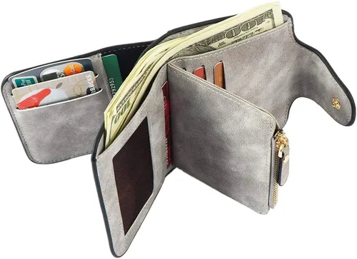 Vista 6 de KELEEL Cartera de cuero para mujer, monedero de embrague para tarjetas de crédito, soporte para monedas, plegable, Gris corto, Classic