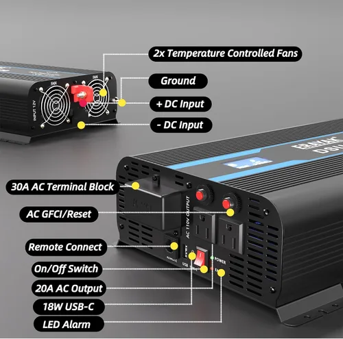 Vista 5 de Erayak Inversor de corriente de onda sinusoidal pura de 2000 W, 12 V CC a 110 V 120 V AC para el hogar, RV, camión, solar fuera de la red con USB-C