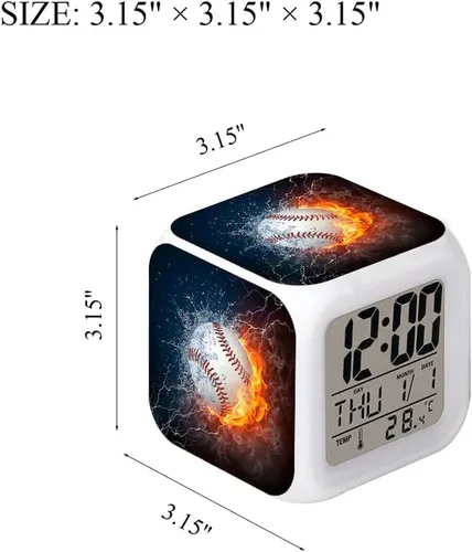 Vista 6 de Reloj despertador LED con diseño deportivo de béisbol, reloj de mesa creativo de escritorio, brillante, electrónico, colorido, digital, reloj