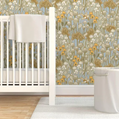 Vista 6 de Spoonflower Papel tapiz para despegar y pegar - Amapola Campo Pájaros Crema Neutral Naturaleza Taupe Papel pintado extraíble personalizado