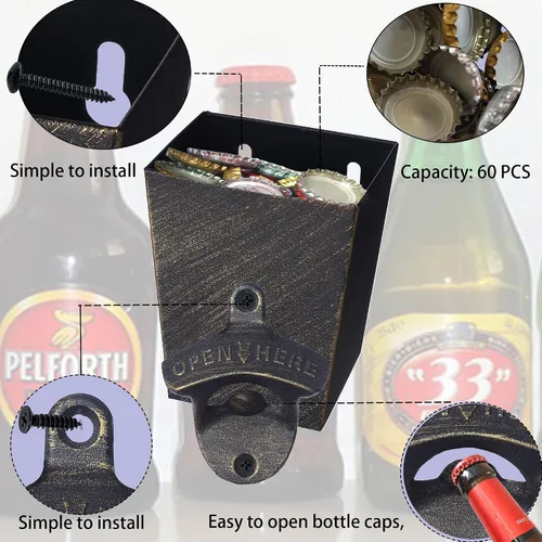Vista 4 de Abridor de botellas de cerveza antiguo montado en la pared con tapa colector de tapas de acero inoxidable drenado estrecho (bronce envejecido)