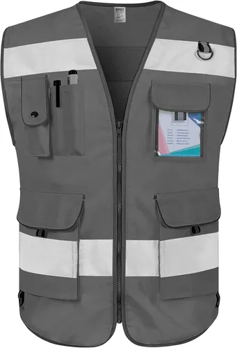 Vista 9 de TCCFCCT Chaleco de seguridad reflectante de alta visibilidad con 9 bolsillos para hombres y mujeres, chaleco de construcción Hi Vis con tiras
