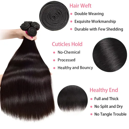 Vista 2 de Manojos lisos de cabello humano, 4 manojos de cabello humano liso de 18, 20, 22, 24 pulgadas, 100% sin procesar, extensiones de cabello virgen Negro