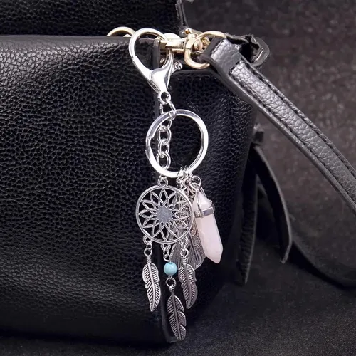 Vista 4 de MyfavoriteK Dreamcatcher Hamsa Llavero de buena suerte, adorno de piedras preciosas para llavero de coche