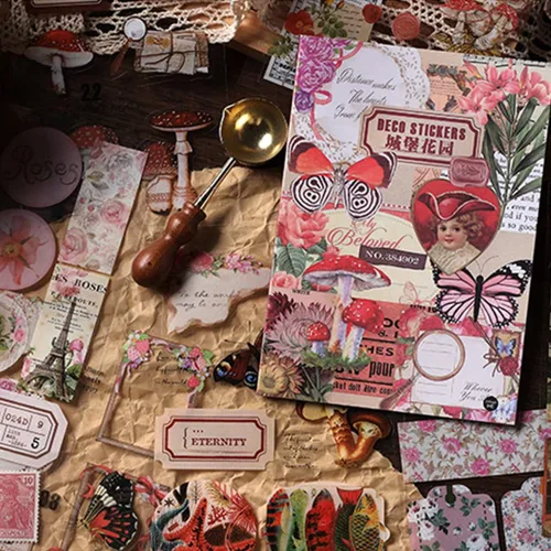 Vista 3 de Calcomanías de diario basura para álbumes de recortes, 166 piezas retro de flores, mariposas, naturaleza, poemas, letras decorativas para álbumes