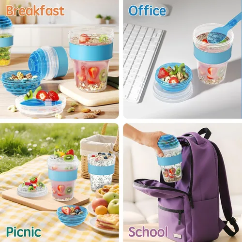Vista 6 de Paquete de 4 tazas de yogur para parfait con tapas reutilizables, recipientes de plástico de 20 onzas para avena para llevar con compartimento