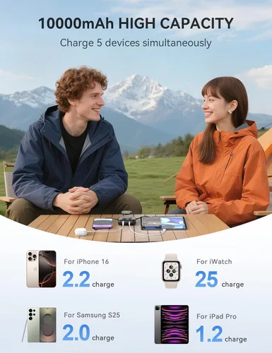 Vista 5 de Cargador portátil, 10,000 mAh, 22,5 W, banco de energía de carga rápida con cables integrados, paquete de baterías esenciales de viaje con pantalla