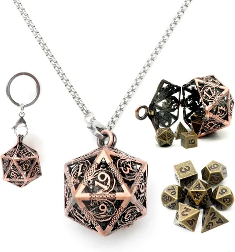 Vista 16 de Haxtec Juego Mini de Dados de Metal DND con Estuche de Collar Hueco Juego de Dados de Metal Pequeños Antiguos Juego de Llaveros D&D Portátil Juego