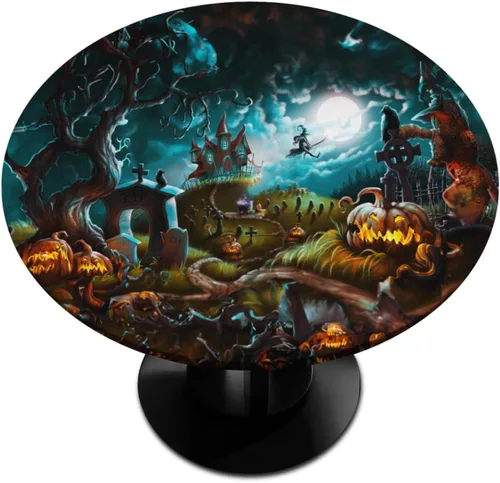 Vista 37 de Mantel redondo ajustado con diseño de calabaza de otoño, hojas de otoño, color amarillo, pequeño con borde elástico, manteles circulares lavables