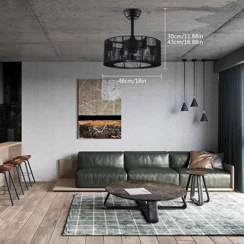 Vista 2 de OUKANING Ventilador de techo invisible enjaulado con luz, 3 velocidades ajustables, luces de ventilador de techo cerradas con control remoto