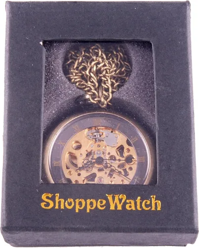 Vista 7 de ShoppeWatch Reloj de bolsillo mecánico de viento de mano estilo steampunk de cara abierta con cadena - PW12, Mecánico