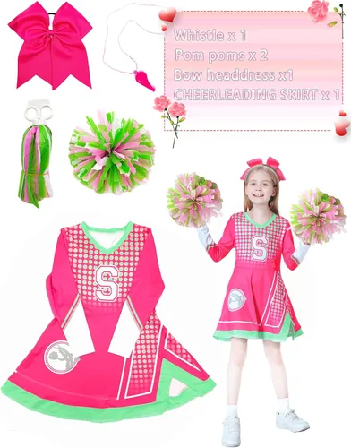 Vista 2 de 5 piezas de disfraz de animadora para niñas, uniforme de animadora con pompones, cuerda de pelo, silbato para niñas de 3 a 10 años