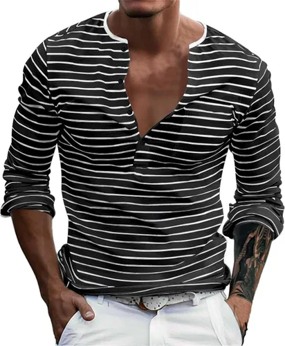 Vista 7 de Mens Henley Shirts Long Sleeve Regular Fit Cotton Casual Summer Striped T Shirts Fashion Basic Fitted Athletic Work Tshirts