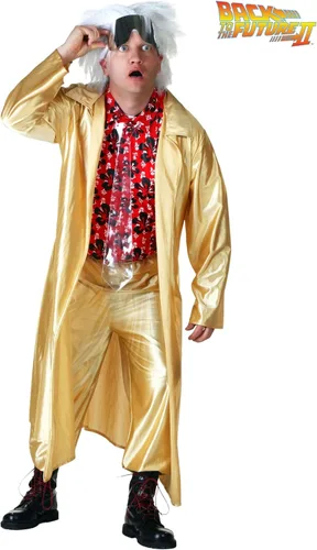 Vista 2 de Back to The Future 2015 Doc Brown - Conjunto de disfraz con chaqueta, camisa frontal, pantalones, corbata, peluca y gafas, Oro, Grande