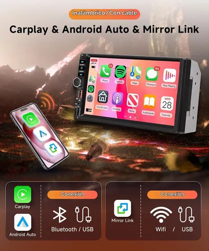 Vista 2 de Rimoody Estéreo doble del coche del din, 7" Carplay inalámbrico de la radio