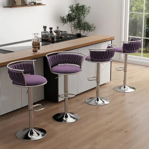 Vista 29 de Juego de 2 taburetes de bar giratorios de 360°, silla de bar de terciopelo ajustable a altura de mostrador moderna, taburete de metal plateado