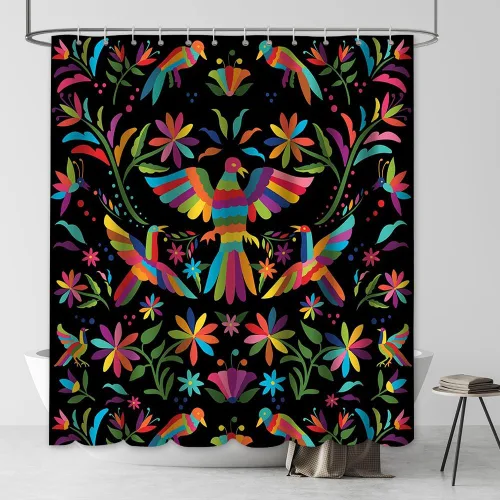 Vista 3 de MEHOFOND Cortina de ducha estilo otomí de 72 x 72 pulgadas para baño, estilo mexicano, tradicional, mexicano, pájaro azul, rojo y negro, tela