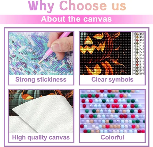Vista 4 de Champi Kits de pintura de diamantes de Halloween para adultos, extrañas luces de calabaza, kits de arte de diamantes para adultos, kits de arte