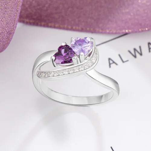 Vista 5 de Diamondido Anillos con nombre personalizado, 2 piedras natales de imitación, anillos de promesa para mujeres, parejas, anillos de compromiso, Piedra