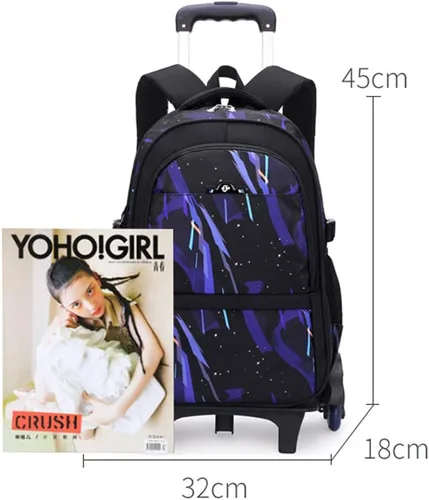 Vista 8 de CUSALBOY Bolsas escolares de tela Oxford para niños, mochila de viaje con seis ruedas y patrón de dinosaurio, Azul 1, Mochila con ruedas