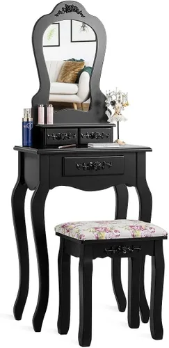 Vista 10 de LDAILY Juego de mesa de tocador con taburete acolchado, mesa de maquillaje con espejo y 3 cajones de almacenamiento, escritorio de escritura