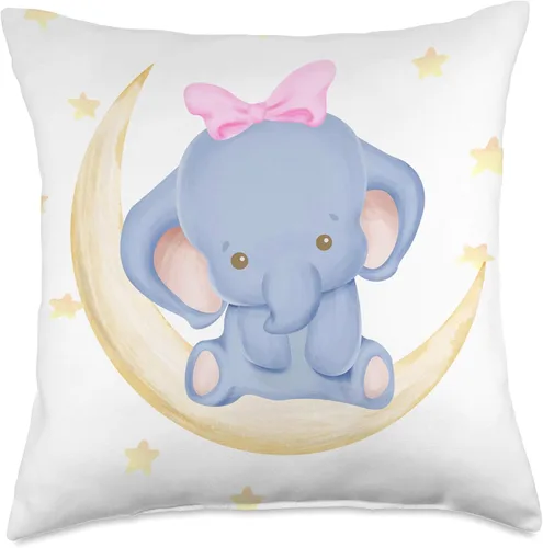 Vista 5 de Almohada decorativa para cuna para recién nacido, niña elefante en la luna con estrellas I decoración de habitación de guardería, 15.7 x 15.7 in