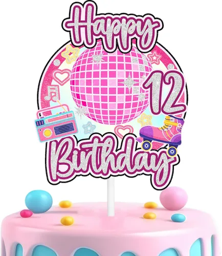 Vista 13 de Decoración retro de pastel de discoteca para niñas de 10 cumpleaños feliz hip hop, decoraciones de boombox, fiesta de patinaje sobre ruedas, fiesta