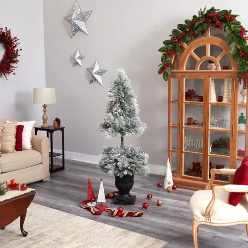 Vista 10 de Nearly Natural Árbol de Navidad artificial flocado de 5 pies con 100 luces LED y 186 ramas flexibles en urna decorativa
