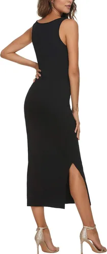 Vista 3 de CMZ2005 Vestido sin mangas con cuello redondo para mujer, vestido largo con abertura lateral, vestido largo casual de punto acanalado, vestido