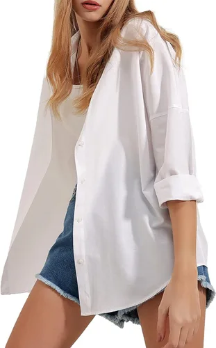 Vista 3 de HangNiFang Camisas de gran tamaño con botones para mujer, de manga larga, ajuste holgado, blusas elegantes para el trabajo