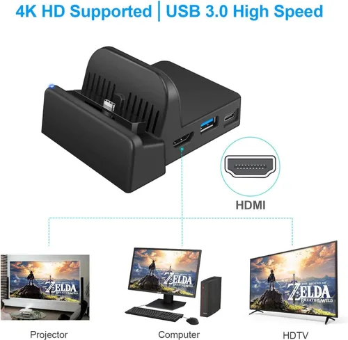 Vista 2 de Switch Dock para Nintendo Switch, estación de acoplamiento portátil Nintendo Switch para TV con puertos de carga HDMI 4K, USB 3.0USB-C, repuesto