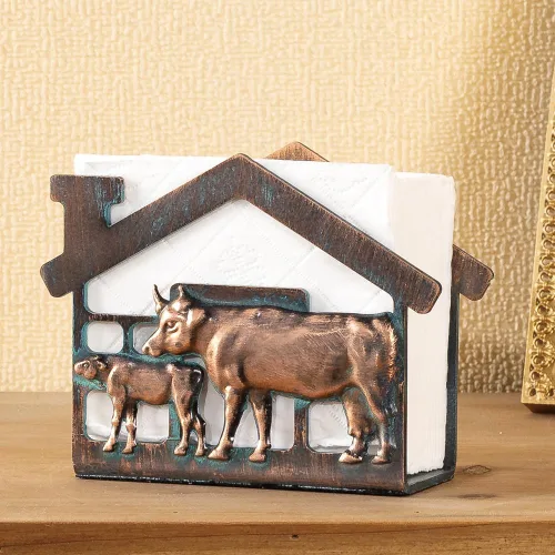 Vista 4 de Servilletero de metal de vaca y ternero para mesa, mini servilleteros de granja para servilletas de papel, rústico, servilletas de cobre antiguo