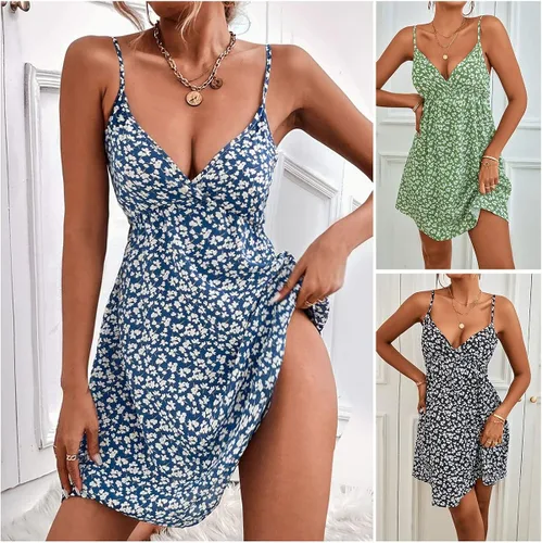 Vista 6 de Esopkuu Vestido corto de verano para mujer, sexy, casual, con cuello en V profundo, floral, tirantes delgados, para fiesta, playa