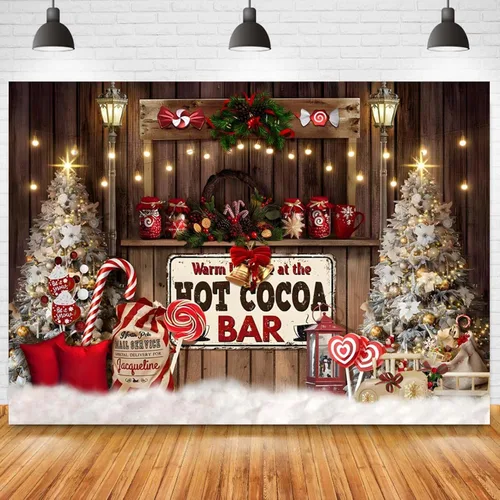Vista 2 de Telón de fondo de cacao caliente de Navidad para fotografía – Fondo de decoración de cetro y árbol de tienda de golosinas – Decoración de fiesta