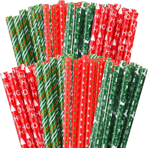 Vista 10 de Uiifan 48 popotes de Navidad de plástico para beber Navidad de 9 pulgadas, 4 estilos, popotes reutilizables para vacaciones, cumpleaños, bodas