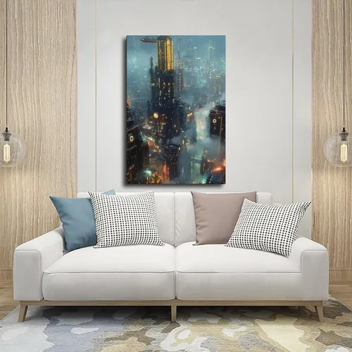 Vista 5 de Retro Futurism Cityscape Print – Neon Sci-Fi Wall Decor – Cyber Steampunk Poster for Gamers & Collectors Canvas Poster Wall Art Decor Print Picture