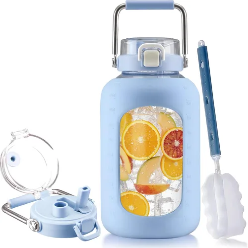 Vista 8 de BLUEGO Botella de agua de vidrio de 64 onzas con mango de acero inoxidable, botella de agua grande con marcadores de tiempo y funda de silicona Ámbar