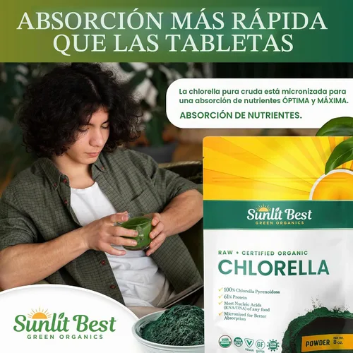 Vista 6 de Sunlit Best Polvo de Clorela Orgánica USDA, polvo de clorela de algas verdes, clorelas de pared celular rota, clorofila de proteína vegana cruda