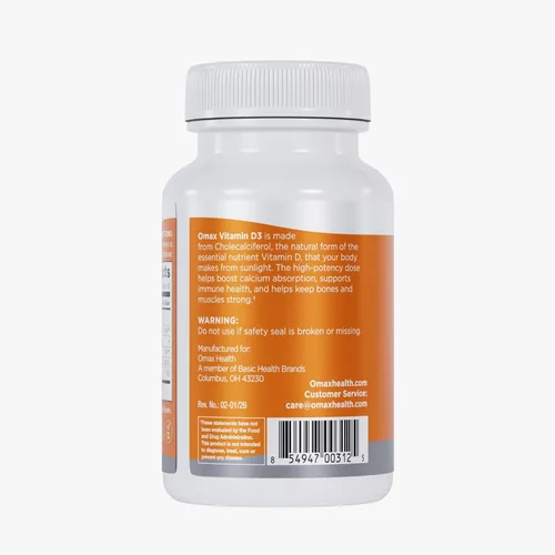 Vista 5 de Omax3 Vitamina D3 de alta potencia 5,000 UI (125 mcg) Huesos, músculos y articulaciones fuertes, salud cardíaca, inmunidad, sin OMG, sin gluten, sin