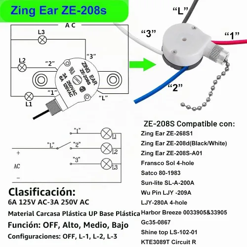 Vista 2 de Interruptor de cadena para ventilador de techo, Zing Ear ZE-208s E89885, interruptor de luz de cadena de 4 cables de 3 velocidades con 4 cables