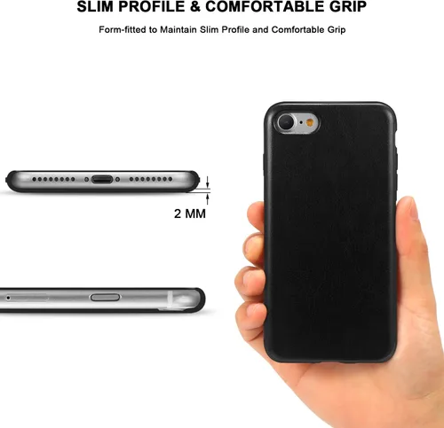 Vista 3 de TENDLIN Funda compatible con iPhone SE 2022/SE 2020/8/7 - Funda delgada híbrida de silicona TPU flexible con parte trasera de cuero (negro)