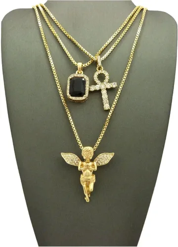 Vista 2 de Brilliant Jewelers USA - Juego de 3 collares para hombre, cruz de ángel, color rojo, rubí, negro, azul, verde, piedra