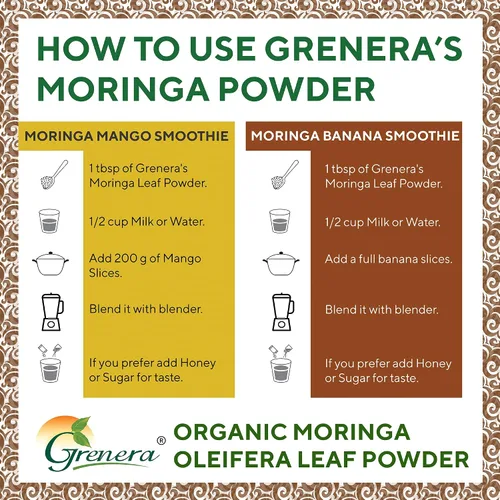 Vista 7 de Grenera Moringa en polvo orgánico Hoja de Moringa Oleifera Ingrediente a base de plantas Probado en laboratorio para calidad Mezcla fácil